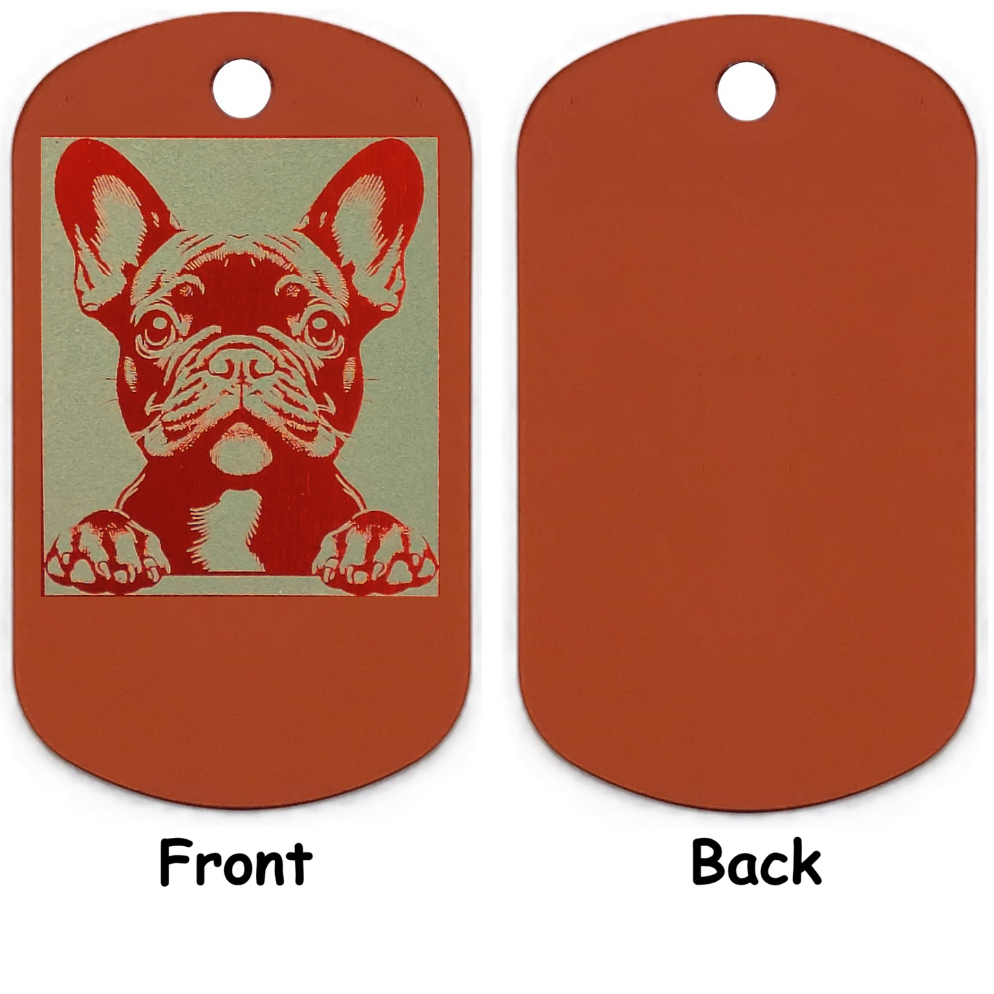 Dog tag with a French Bulldog illustration on one side and plain orange color on the other