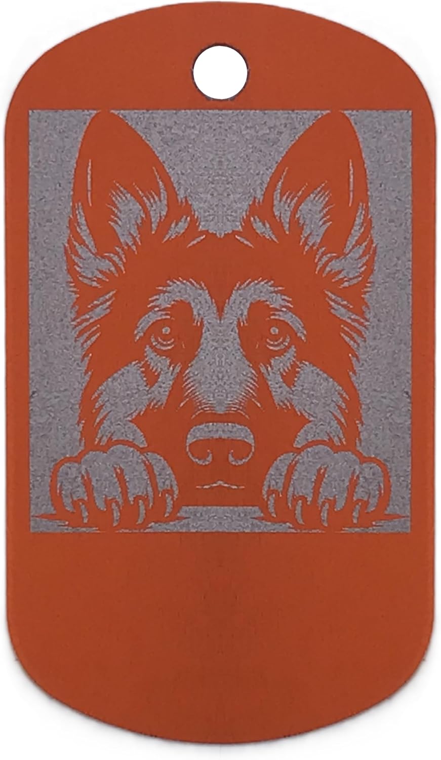 Dog id tag with a german shepherd design on an orange background