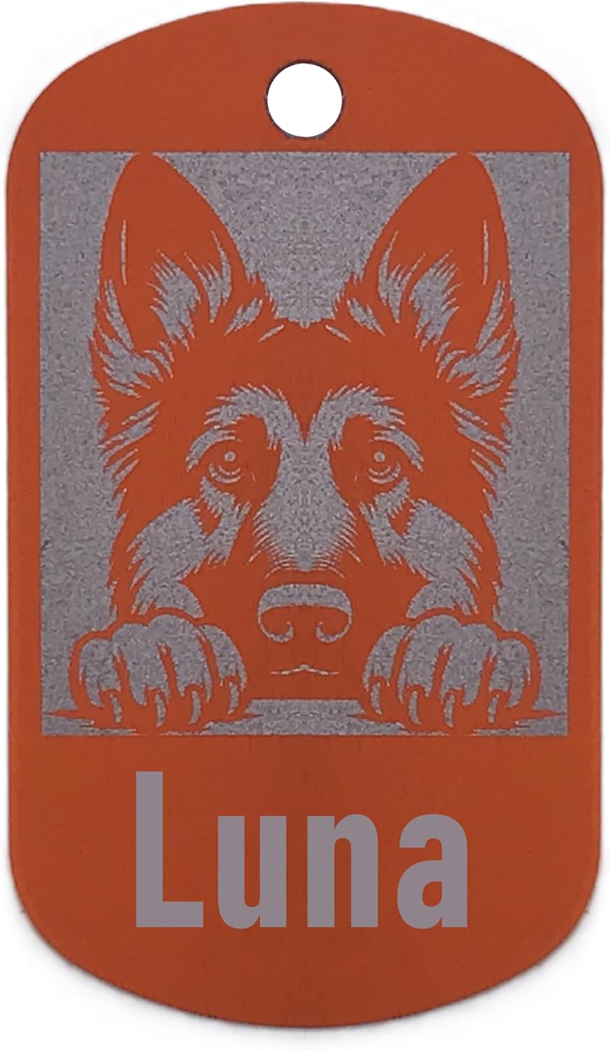 Military style dog name tag with a german shepherd design and 'Luna' text on an orange background