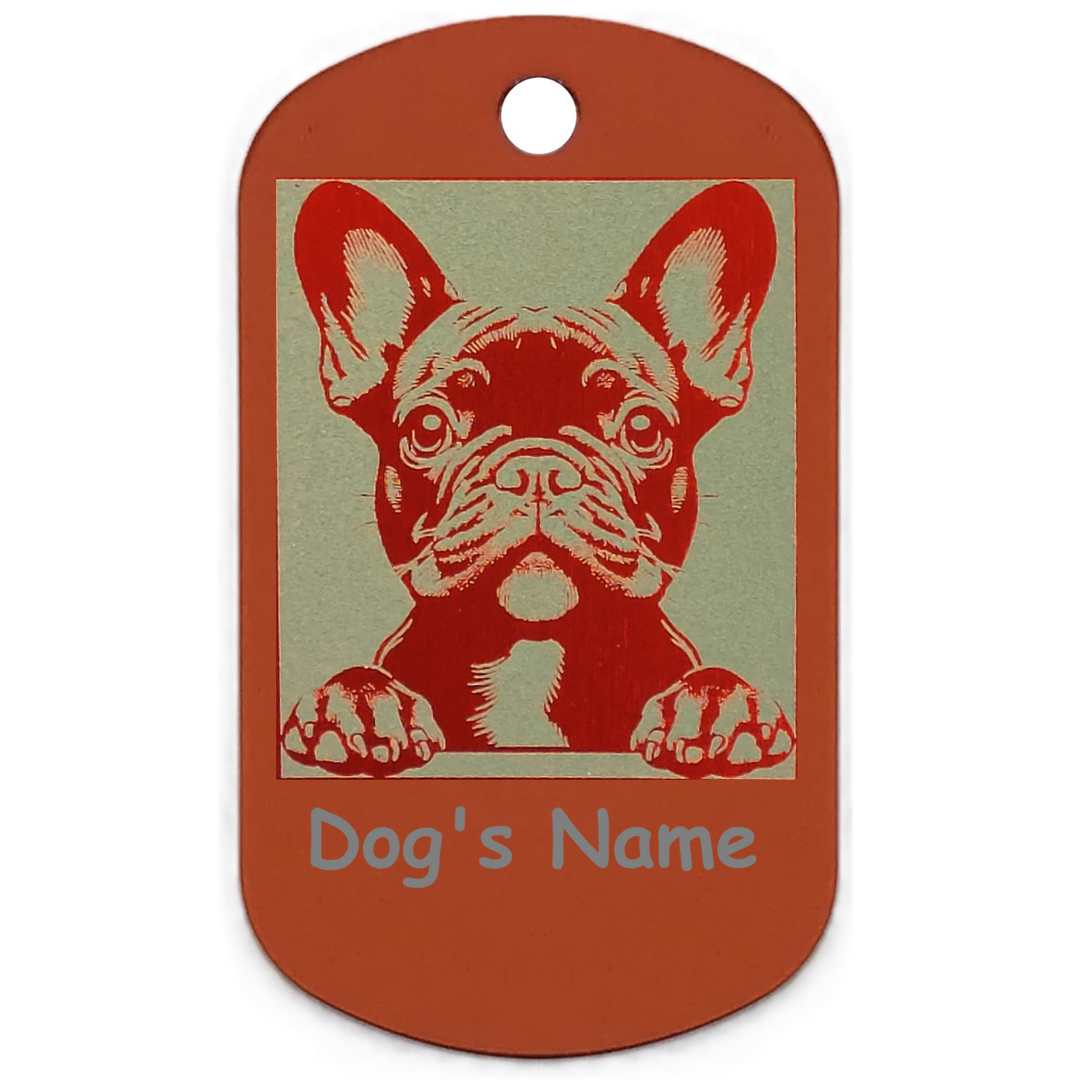 Dog tag with an orange dog illustration and space for 'Dog's Name' on a white background