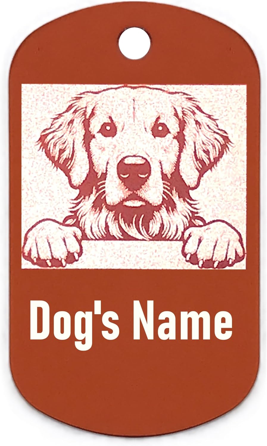 Military style dog name tag with a dog illustration and space for 'Dog's Name' on an orange background