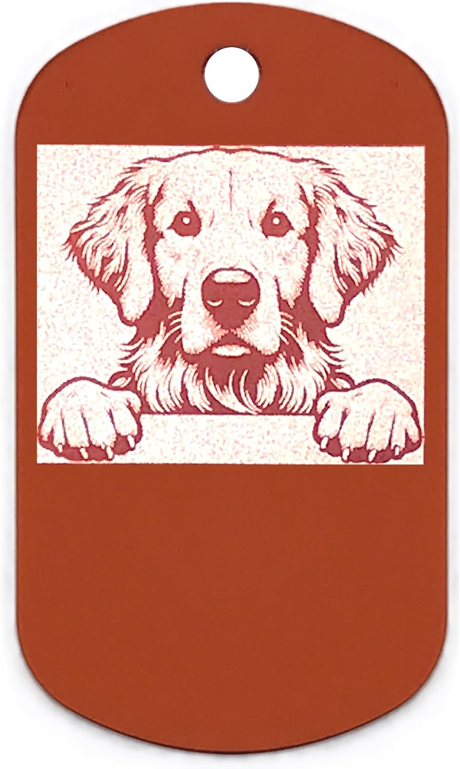 Military style dog tag with a printed image of a dog on an orange background