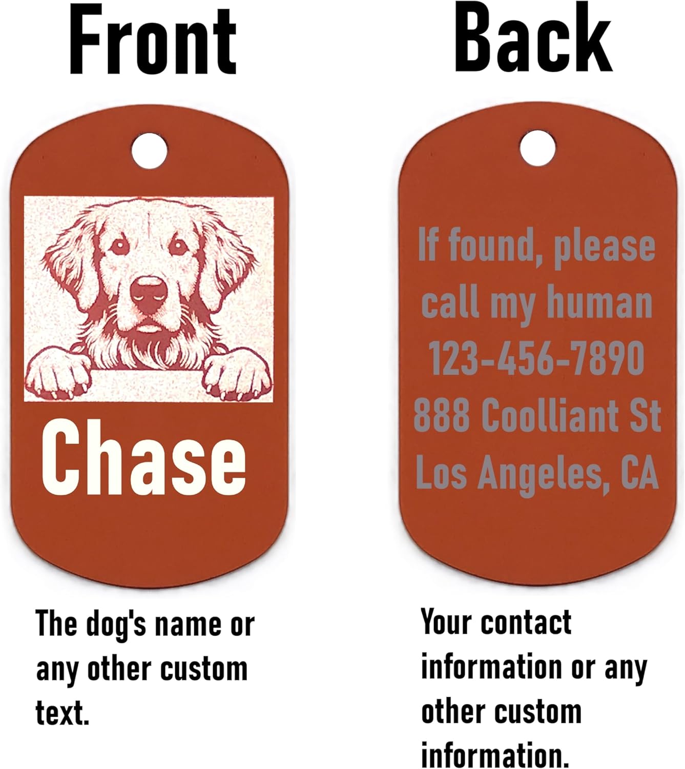 Military style dog id tag with front and back views showing a dog's name and contact information.