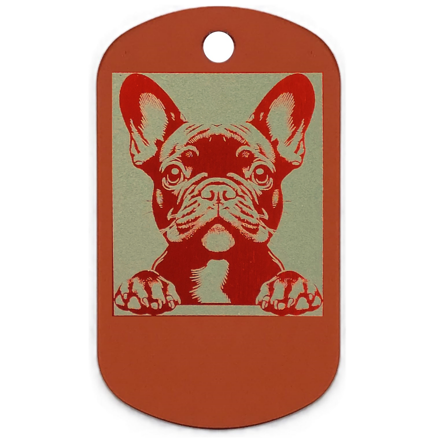 Dog id tag with an orange and white dog illustration on a white background