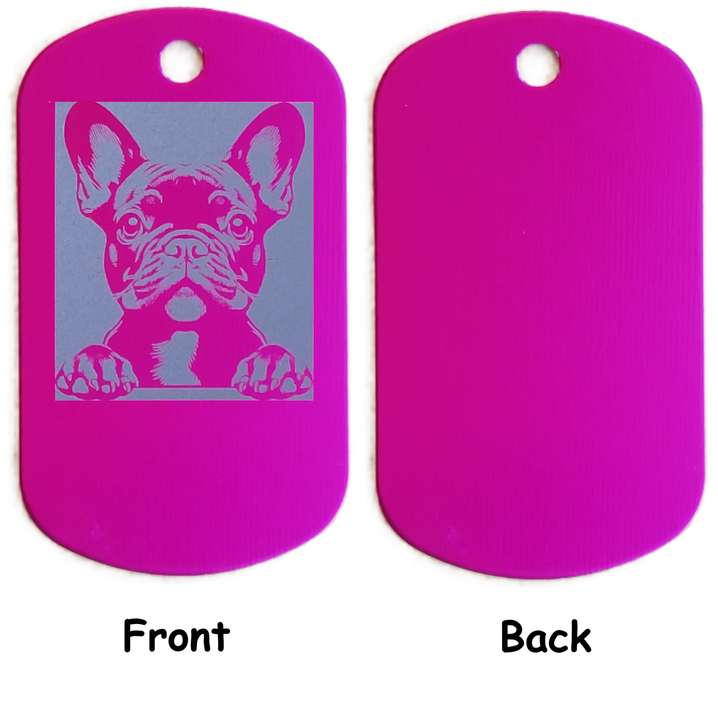 Dog tag with a French Bulldog illustration on a pink background