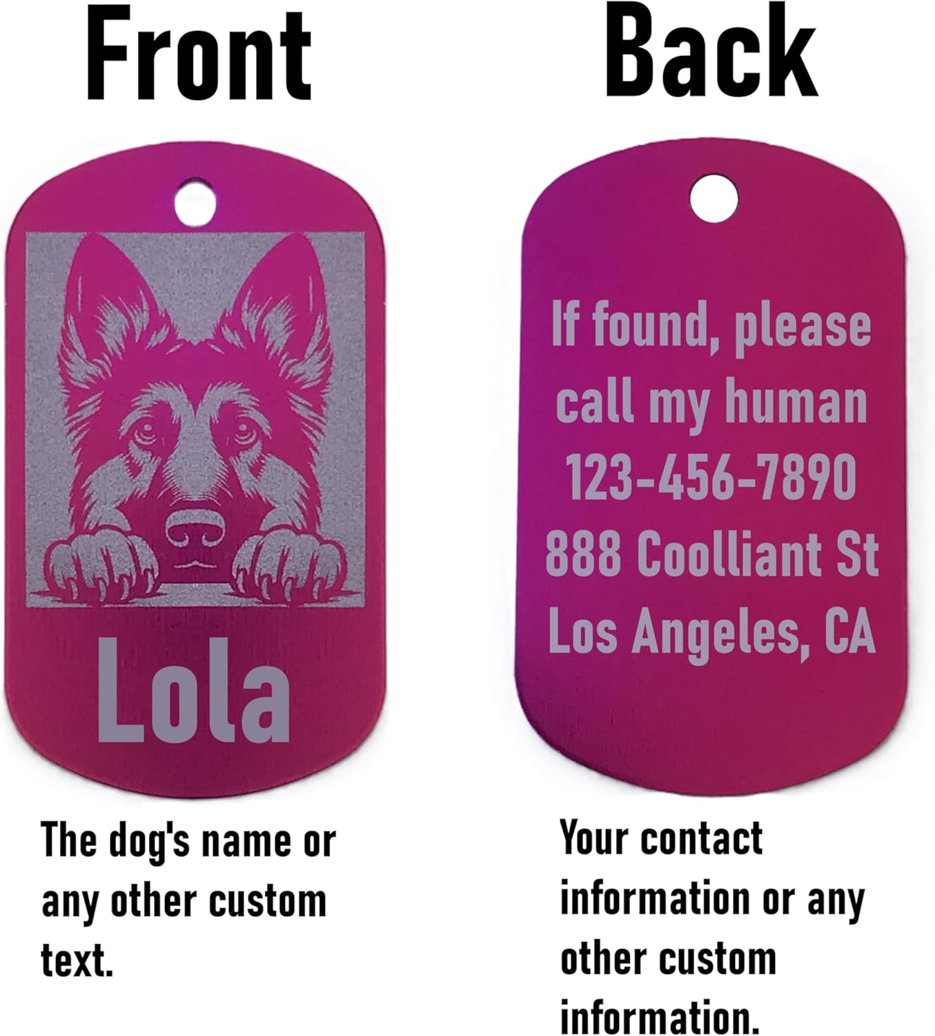 Pink dog name tag with a German Shepherd illustration on the front and customizable text on the back.