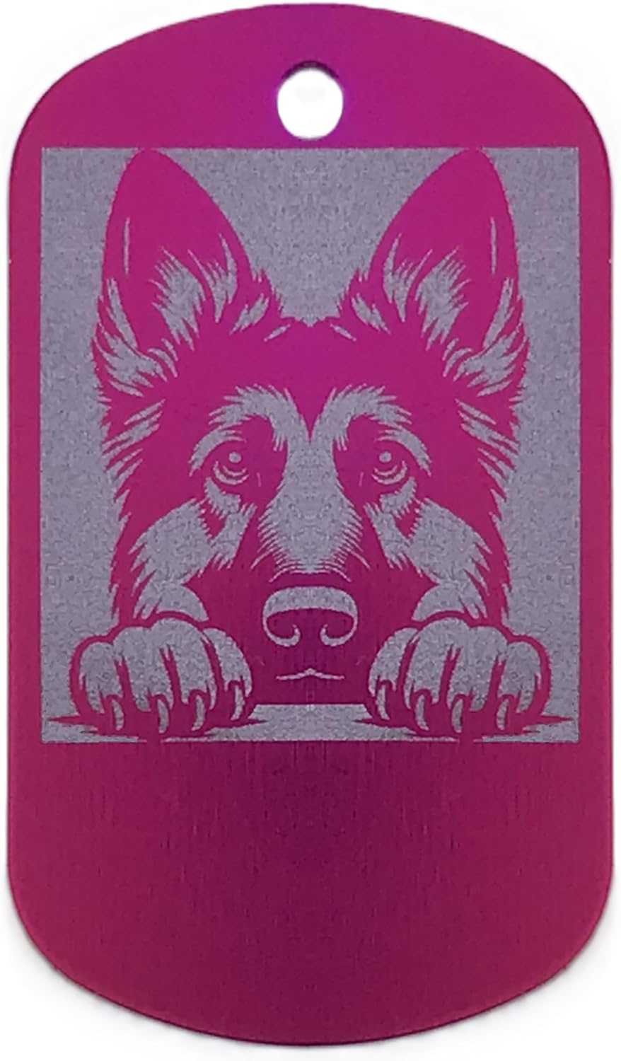 Dog name tag with a pink and gray wolf design on a white background