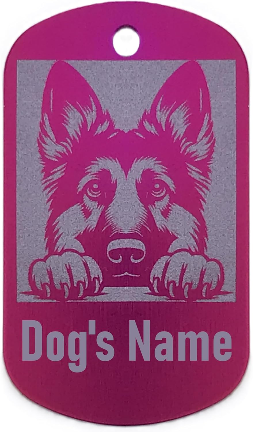Military style dog id tag with a German Shepherd design and space for 'Dog's Name' on a pink background
