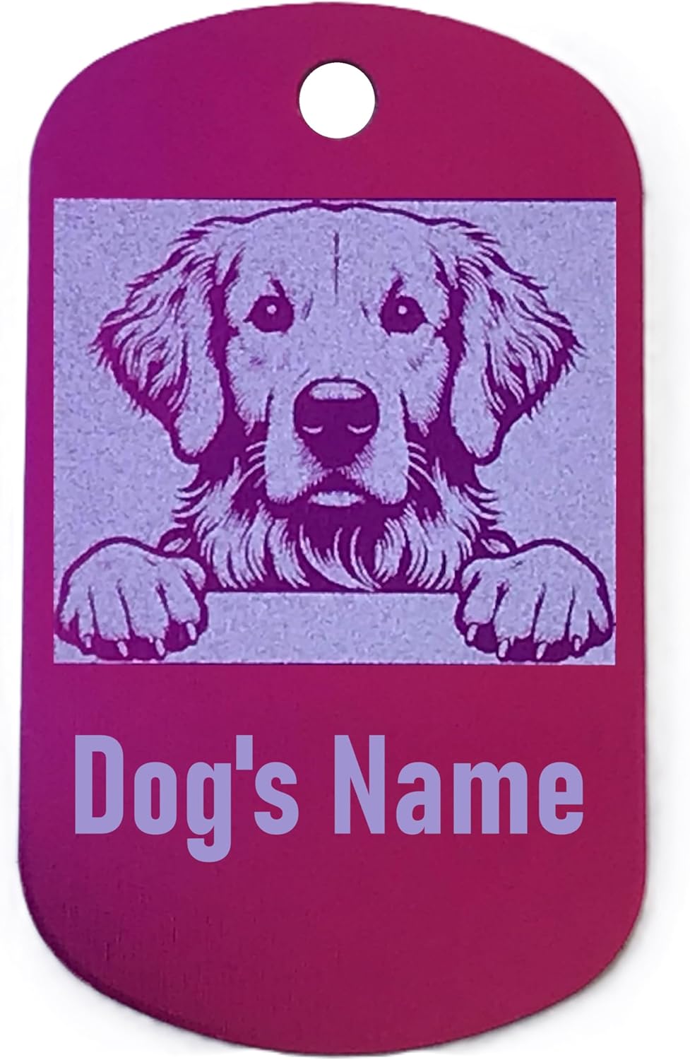 Military style dog name tag with a pink dog illustration and space for 'Dog's Name' on a white background