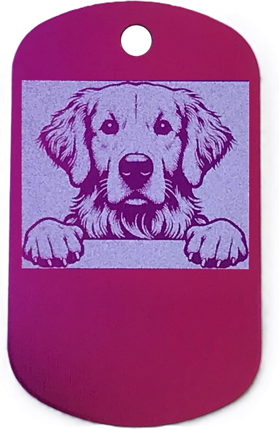 Military style dog tag with a pink dog illustration on a white background