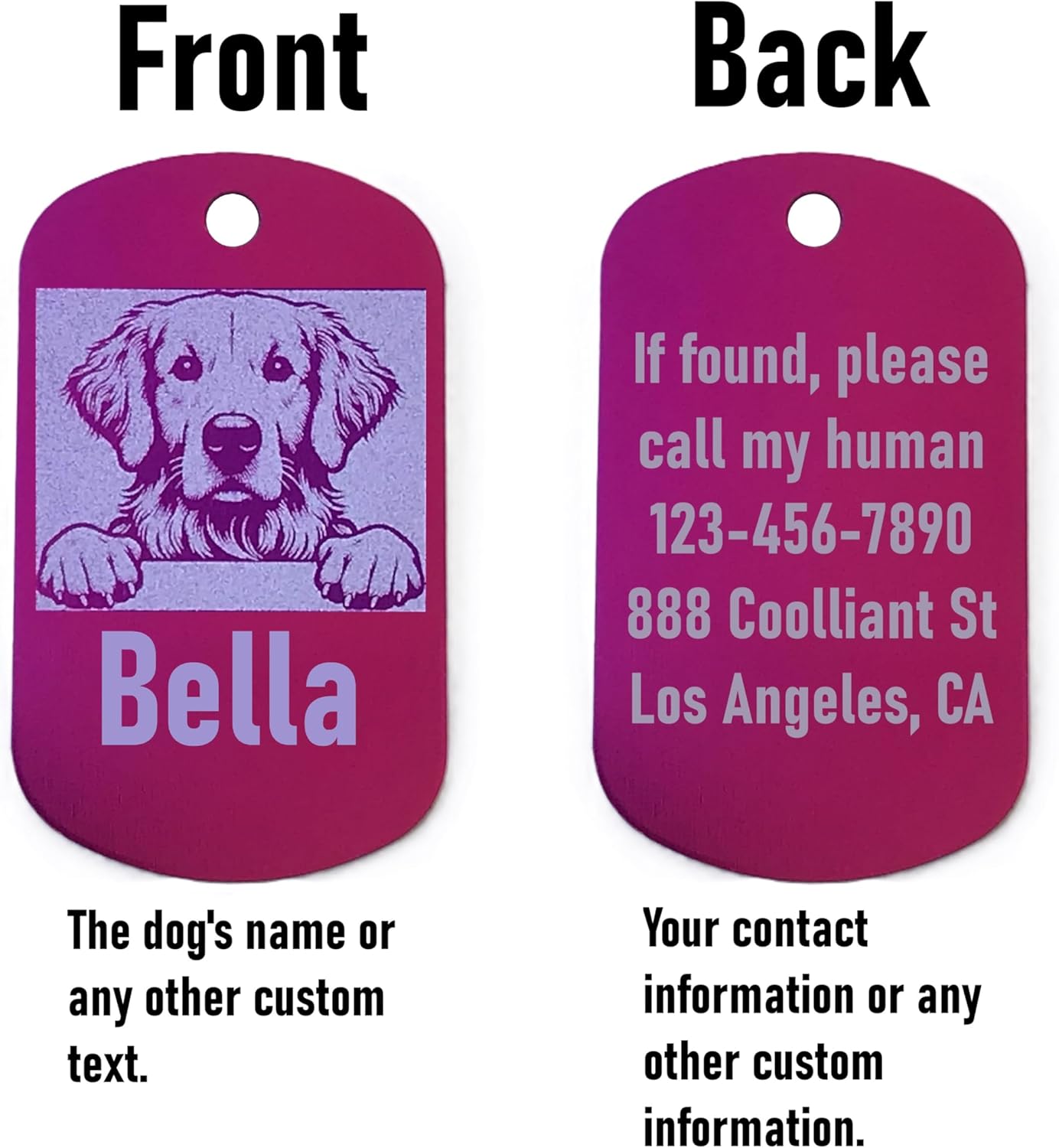 Two pink military style dog id tags, one with a dog illustration and name, the other with contact information.