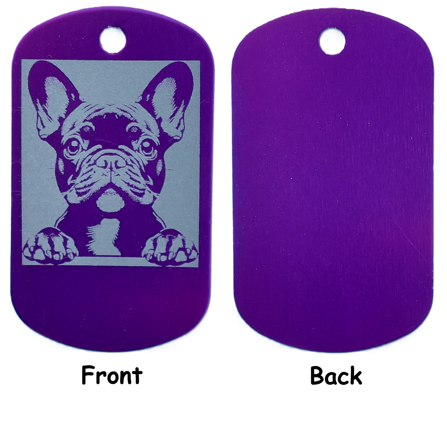 Purple dog tag with a French Bulldog illustration on one side and solid color on the other, on a white background.