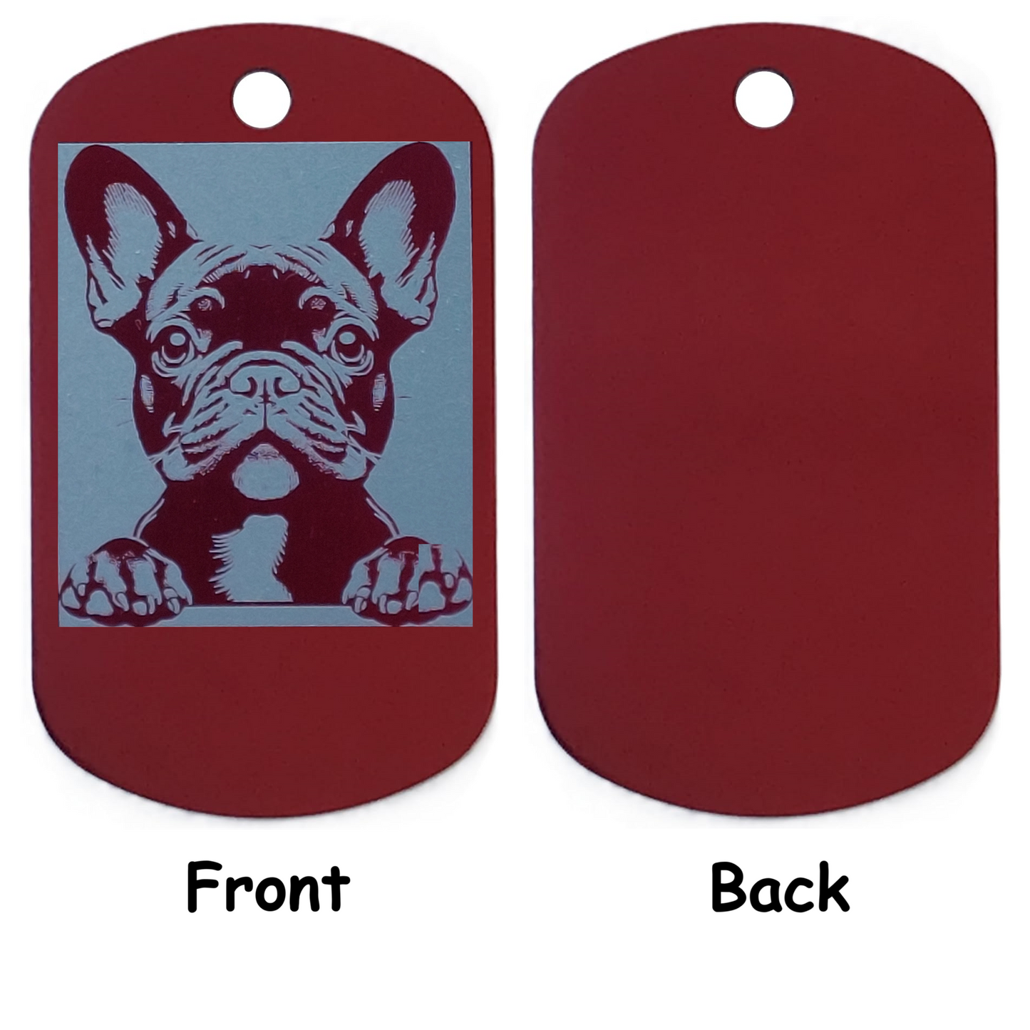 Dog tag with a French Bulldog illustration on a red background, shown from front and back views.