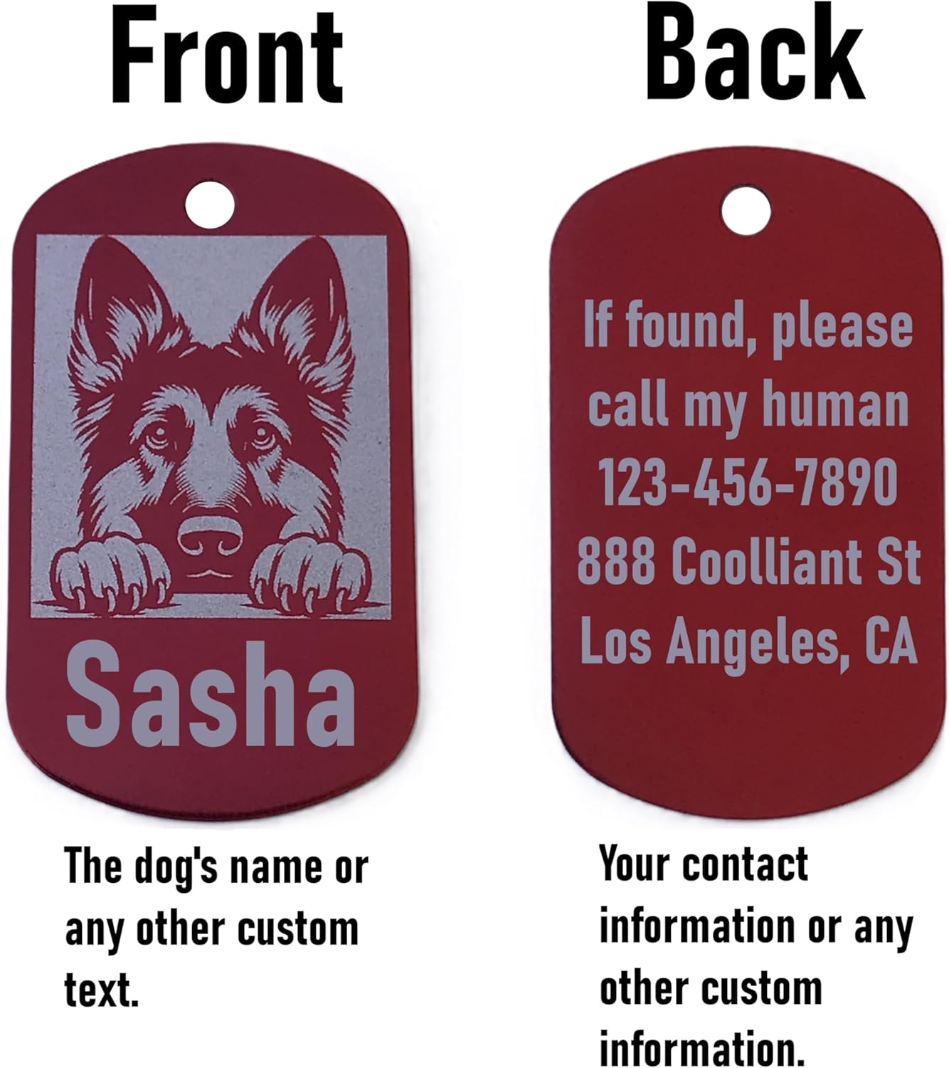 Dog tag with front and back views showing a German Shepherd illustration and customizable text.
