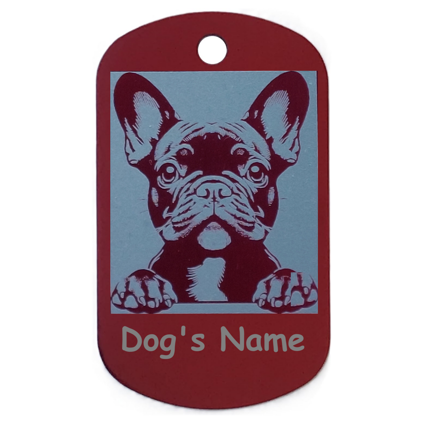 Dog name tag with a French Bulldog illustration on a red background