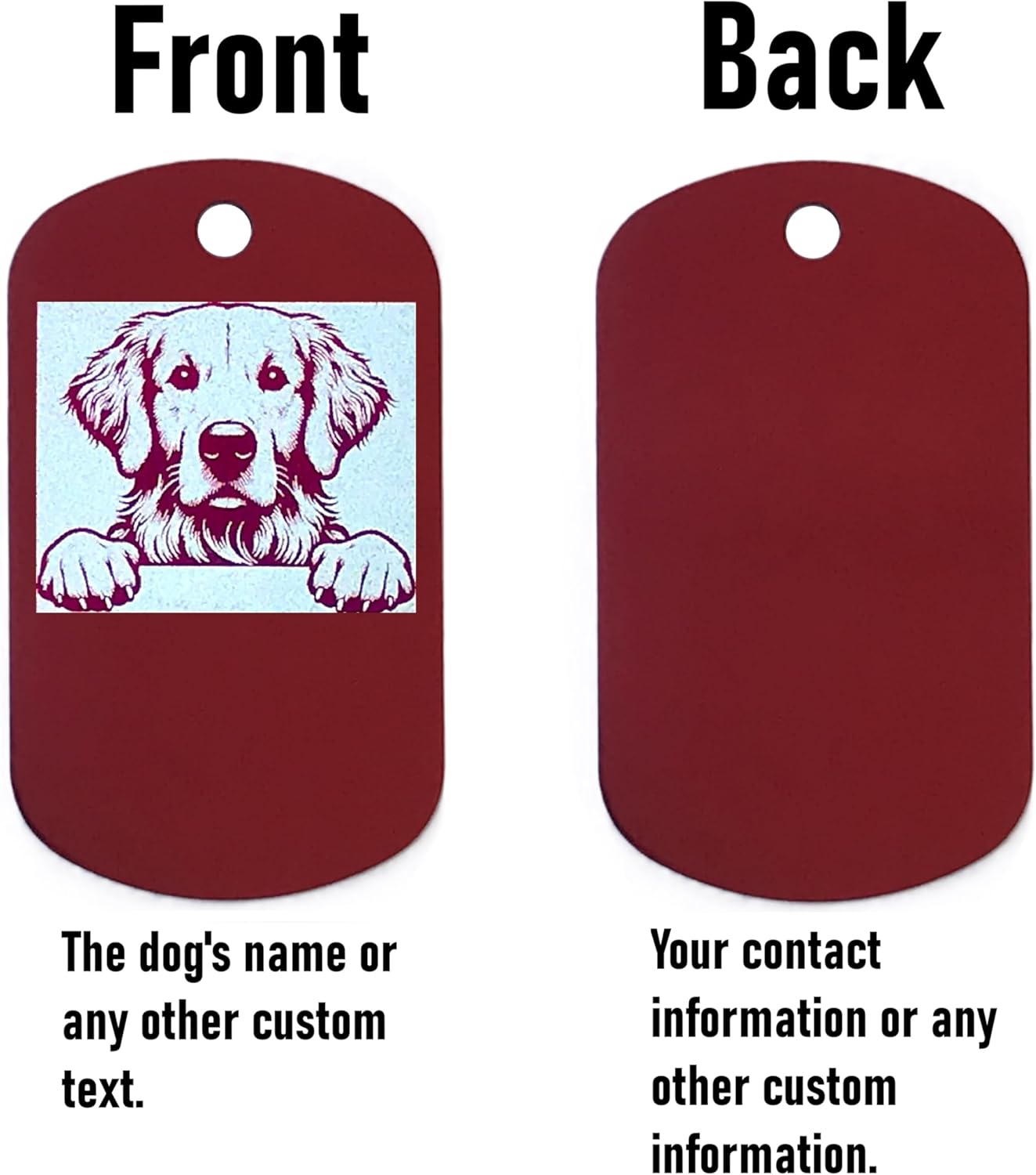 Two military style dog id tags, one with a dog illustration on the front and text on the back, the other plain on both sides.
