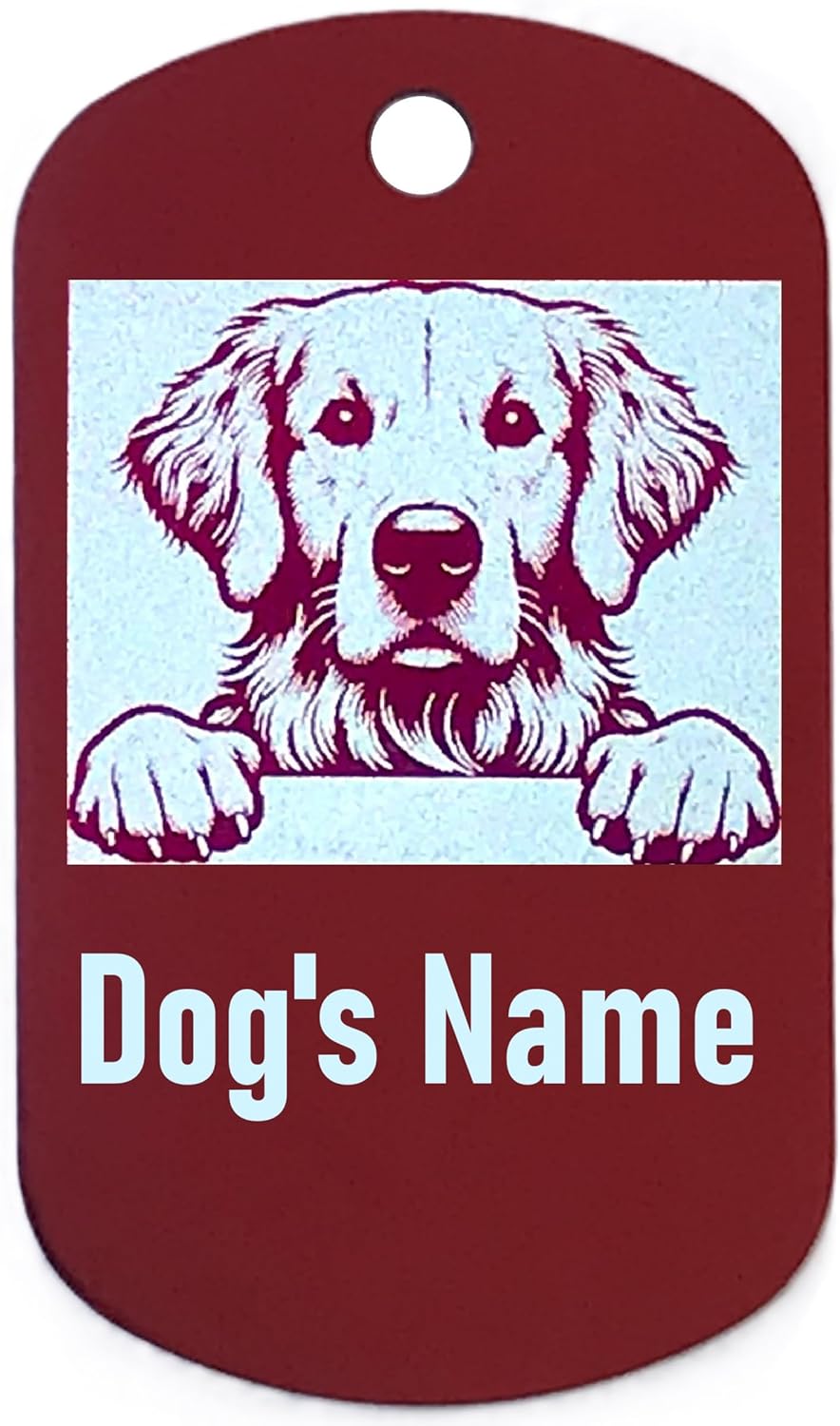 Military style dog name tag with a dog illustration and space for 'Dog's Name' on a red background