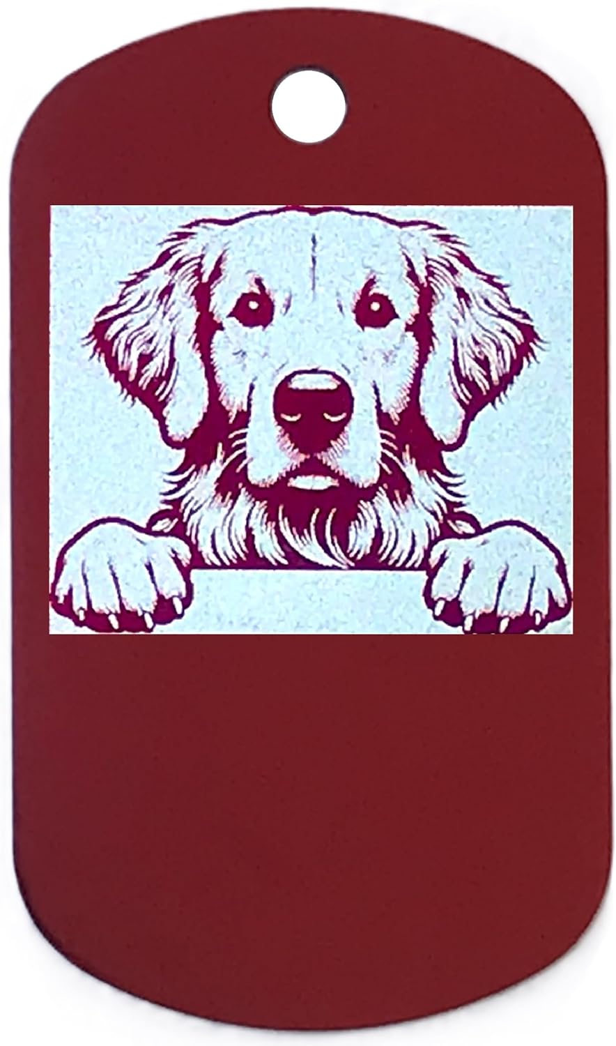 Military style dog tag with a stylized illustration of a dog on a red background