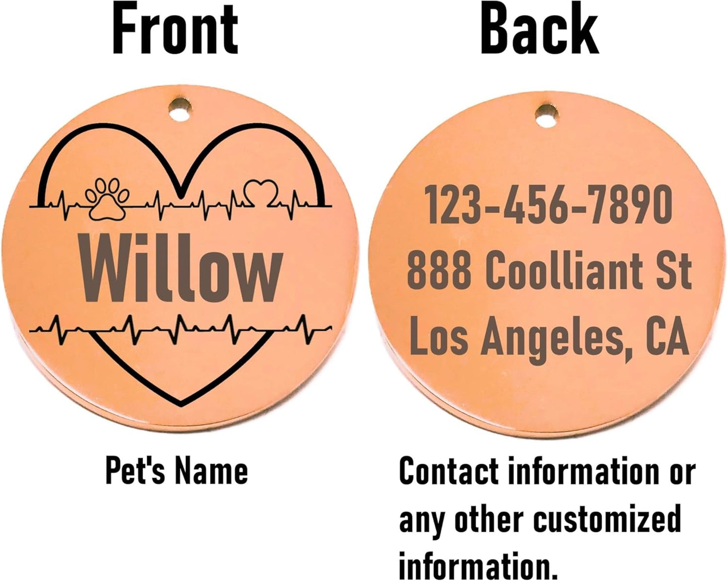 Pet id tag with 'Willow' on one side and contact information on the other, on a white background.