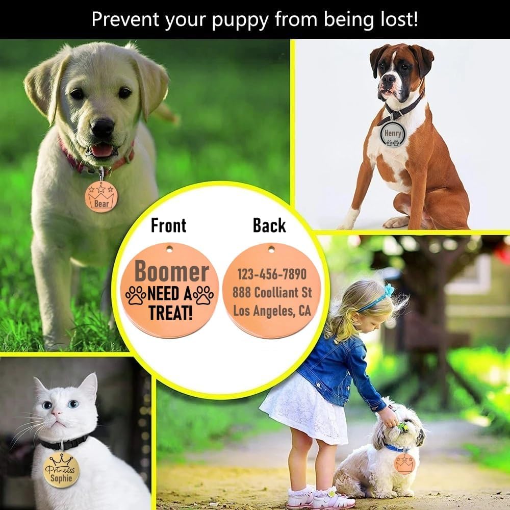 Promotional image for dog tags with text 'Prevent your puppy from being lost!' and images of dogs and a cat wearing tags.