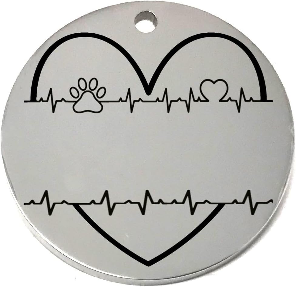 Round silver pet id tag with heart design, paw print, and heartbeat lines on a white background