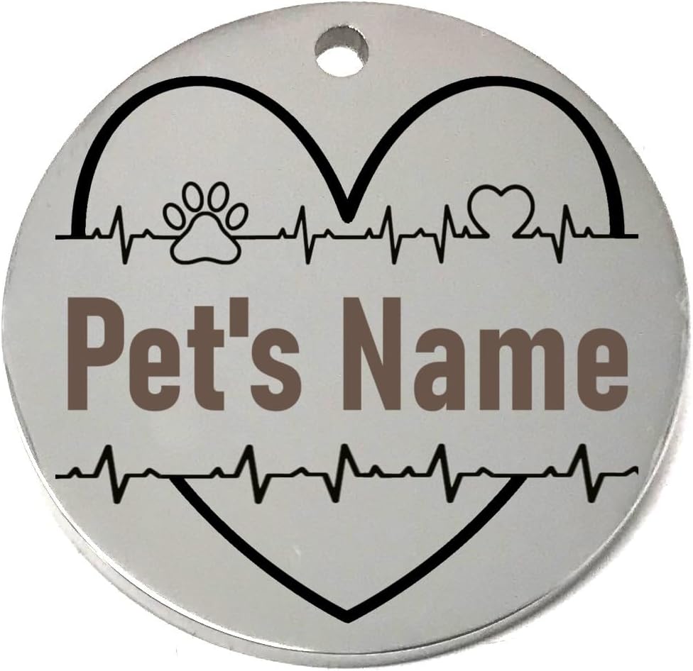 Round silver pet name tag with heart design and space for 'Pet's Name'