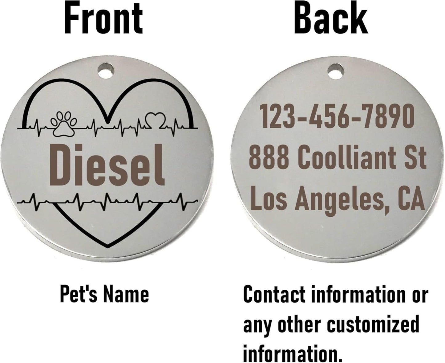 Pet tag with heart design and text on front and back