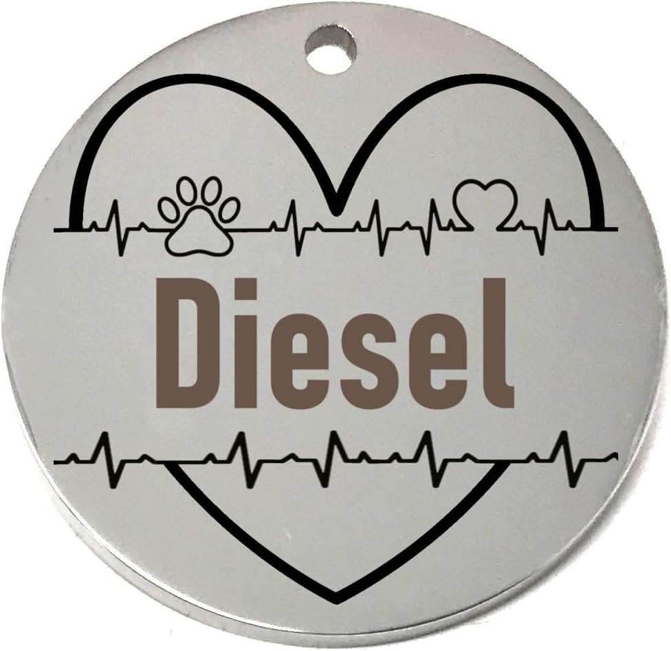 Round silver pet name tag with 'Diesel' engraved, heart design, and paw print.