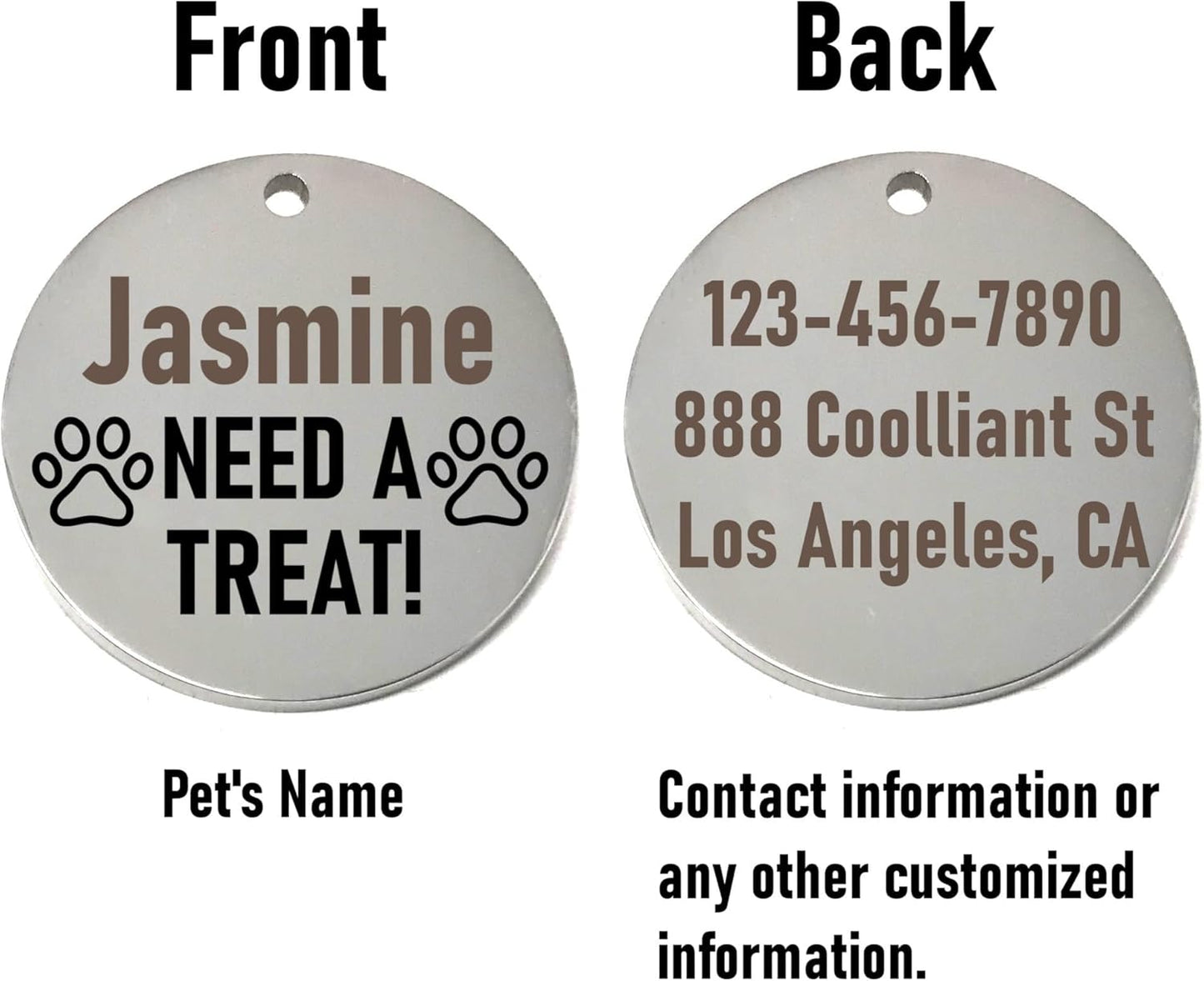 Silver Need a Treat Custom Pet ID Tag for Dog Cat Collar - Laser Engrave Name and Contact Information