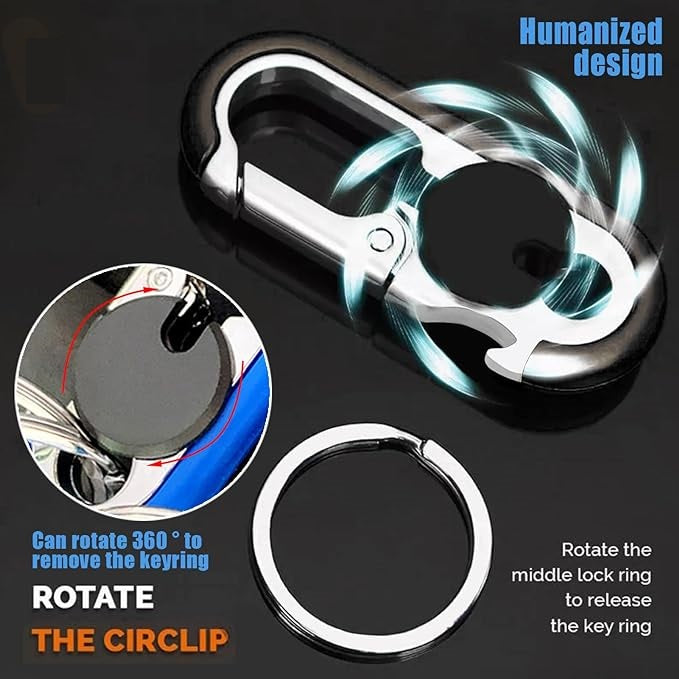 Carabiner Heavy Duty Double Ring KeyChain with Bottle Opener - locking key ring, key fob holder, keychain carabiner, car key chain for backpacks, clip for keys, keychains for car keys