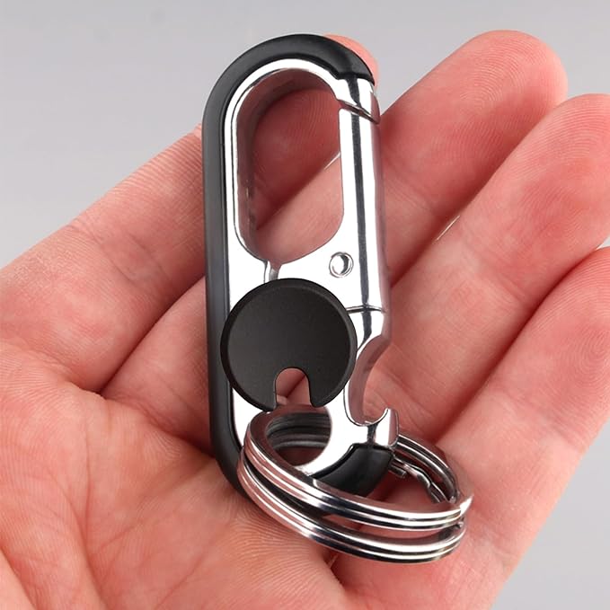 Carabiner Heavy Duty Double Ring KeyChain with Bottle Opener - locking key ring, key fob holder, keychain carabiner, car key chain for backpacks, clip for keys, keychains for car keys