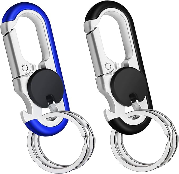 Carabiner Heavy Duty Double Ring KeyChain with Bottle Opener - locking key ring, key fob holder, keychain carabiner, car key chain for backpacks, clip for keys, keychains for car keys