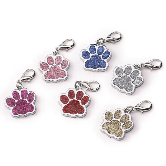 Cute Paw-Shaped Personalized Pet ID Tags for Cat or Dog - Laser-engraved customizable small glitter collar charms with name and phone number