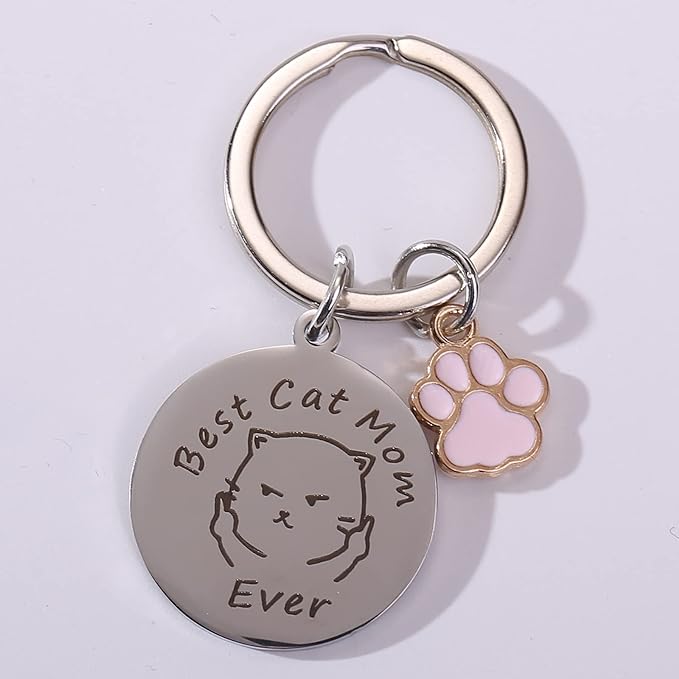 Funny Best Cat Mom Ever Keychain With Cute Paw & Keyring - funny cat key chain, cat mom gifts, funny cat key ring, kitty cat keychain, cat cute paw keyring, cat lover stocking stuffers, safety cat keychain, sushi cat keychain, wild cat personal keychain