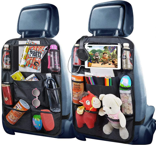 Multi-Pockets Front-Back Seat Car Organizer/Storage with Touch Screen Tablet Holder - baby toy car storage, car accessories set, car organization, road trip must-haves for kids, kids travel essentials, accessories for long trips, car camping essentials