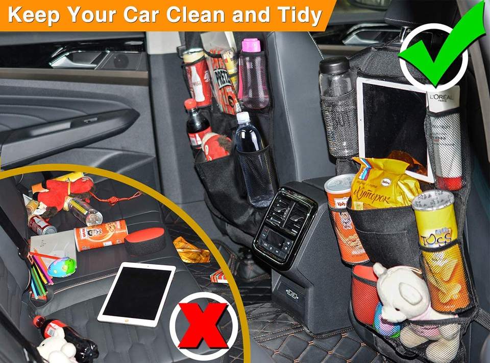 Multi-Pockets Front-Back Seat Car Organizer/Storage with Touch Screen Tablet Holder - baby toy car storage, car accessories set, car organization, road trip must-haves for kids, kids travel essentials, accessories for long trips, car camping essentials