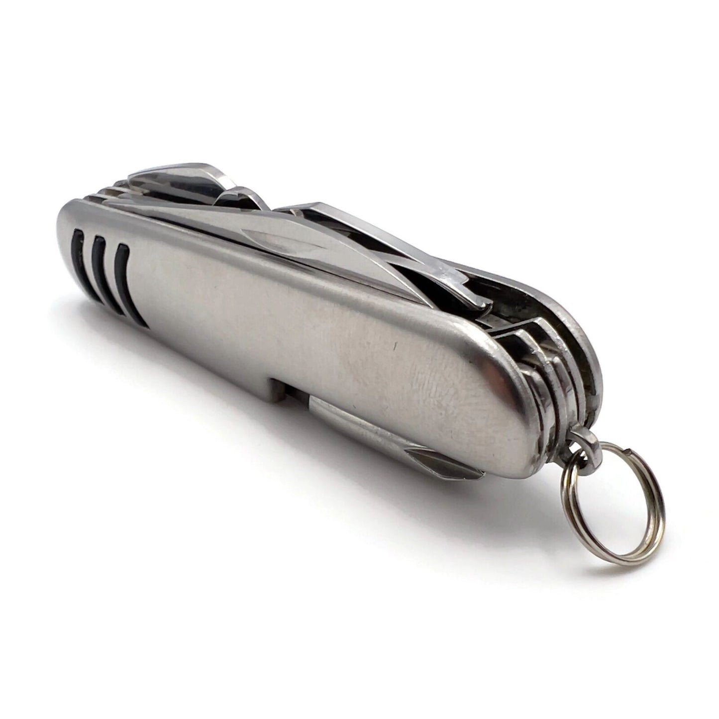 Stainless Steel 7 in 1 Multifunctional Swiss Army Style Pocket Folding Knife with small key ring for Emergency and Disaster Preparation