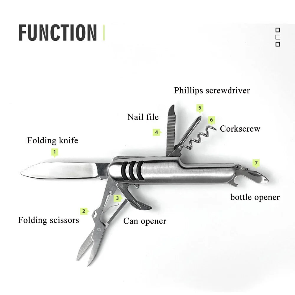 Stainless Steel 7 in 1 Multifunctional Swiss Army Style Pocket Folding Knife with small key ring for Emergency and Disaster Preparation