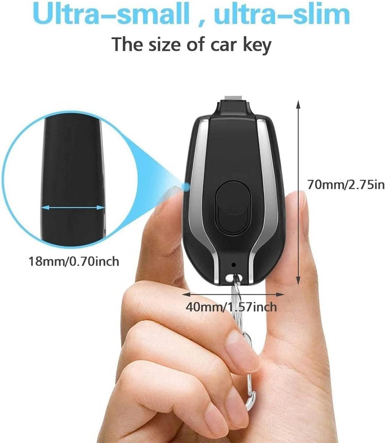 USB Type C Mini Emergency Power Bank Key Chain - small battery pack, emergency backup charger, ultra compact power pods, mobile keychain charger, keychain portable charger, cell phone power bank, type c backup charger, usb c battery pack