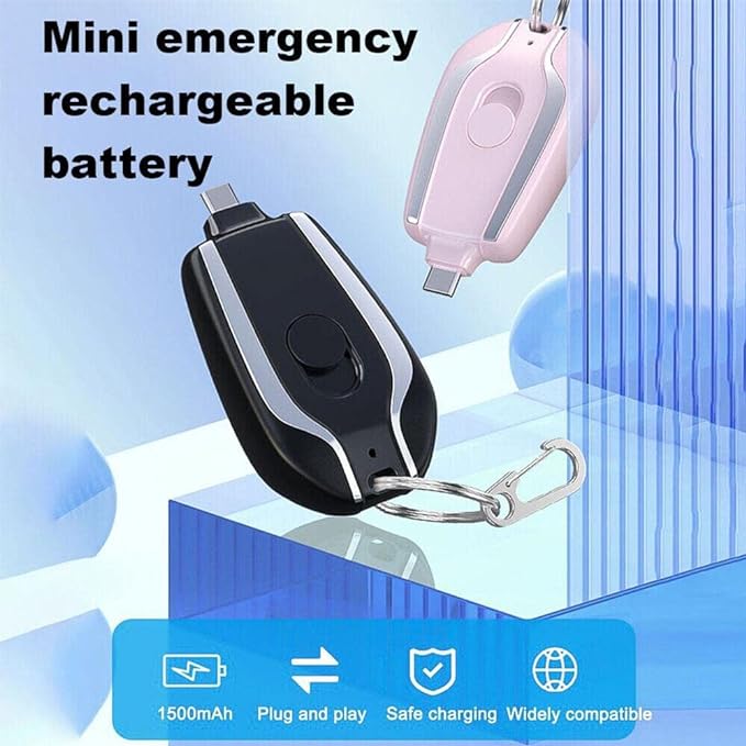 USB Type C Mini Emergency Power Bank Key Chain - small battery pack, emergency backup charger, ultra compact power pods, mobile keychain charger, keychain portable charger, cell phone power bank, type c backup charger, usb c battery pack
