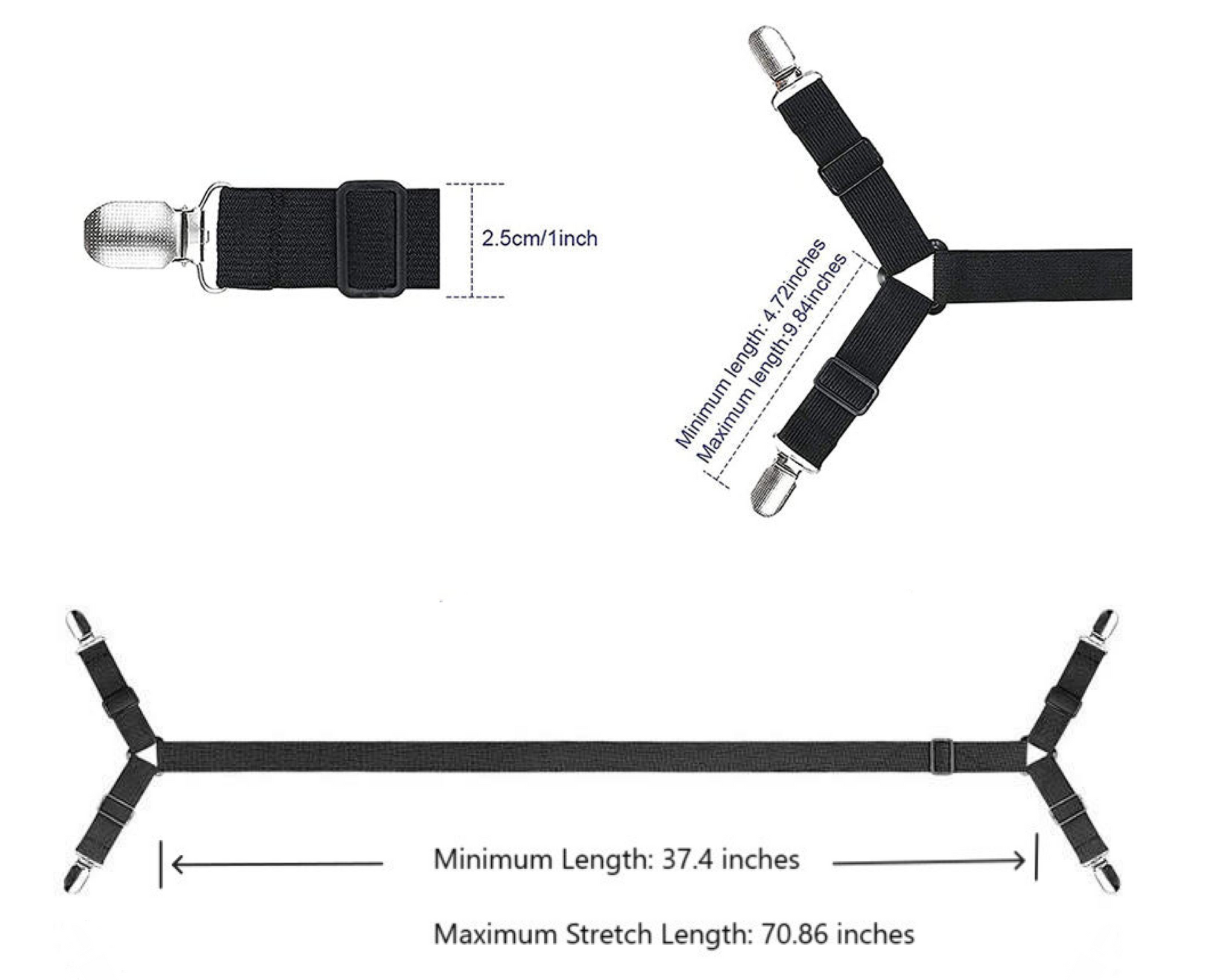 3pcs Adjustable Elastic Bed Sheet Holder Straps for Corners - Heavy Duty Sheet Clip Fasteners for Bedding