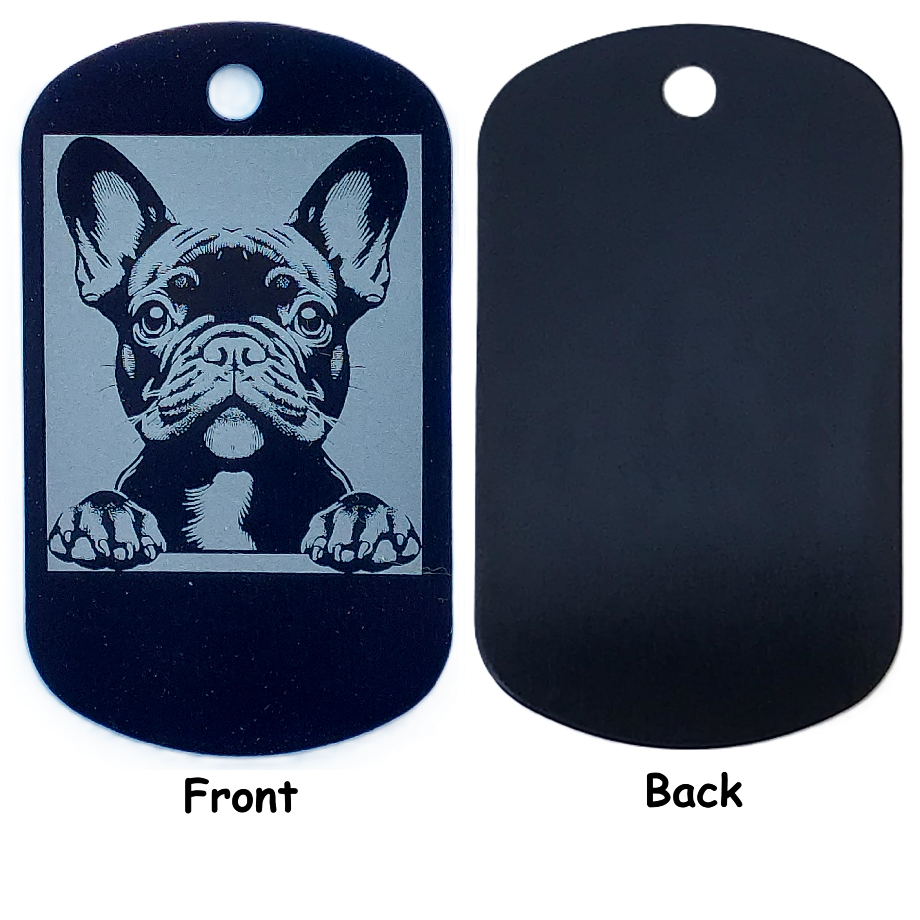 Dog tag with a French Bulldog illustration on one side and a blank backside.