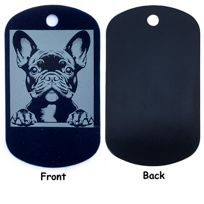 Dog tag with a French Bulldog illustration on one side and a blank backside.