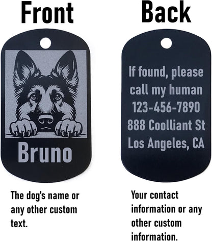 Dog tag with front and back views showing a German Shepherd illustration and customizable text.