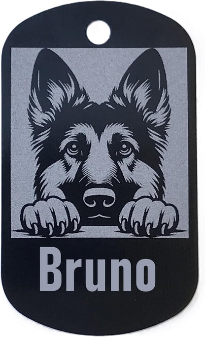 Military style dog id tag with a German Shepherd design and the name 'Bruno' on a black background