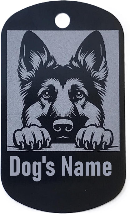 Military style Dog name tag with a German Shepherd design and space for 'Dog's Name' text on a black background.
