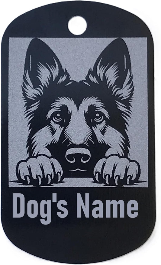 Military style Dog name tag with a German Shepherd design and space for 'Dog's Name' text on a black background.