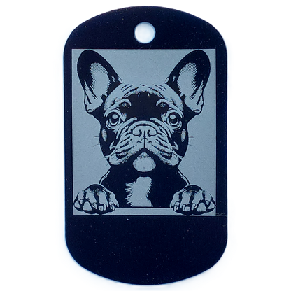 Black dog id tag with a engraved image of a French Bulldog on a white background