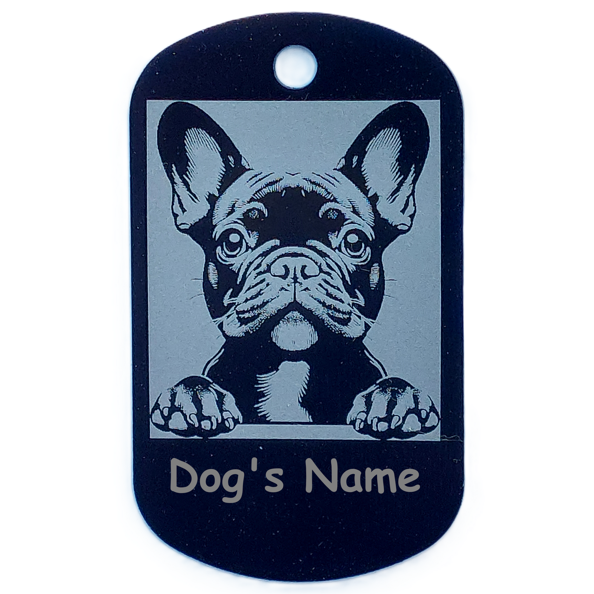 Black dog tag with a French Bulldog illustration and space for 'Dog's Name' text on a white background.