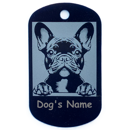 Black dog tag with a French Bulldog illustration and space for 'Dog's Name' text on a white background.